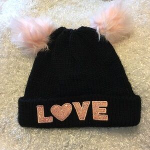 Place Black and Pink Kids Love Pom-Pom Beanie Stocking Cap Hat Tasseled